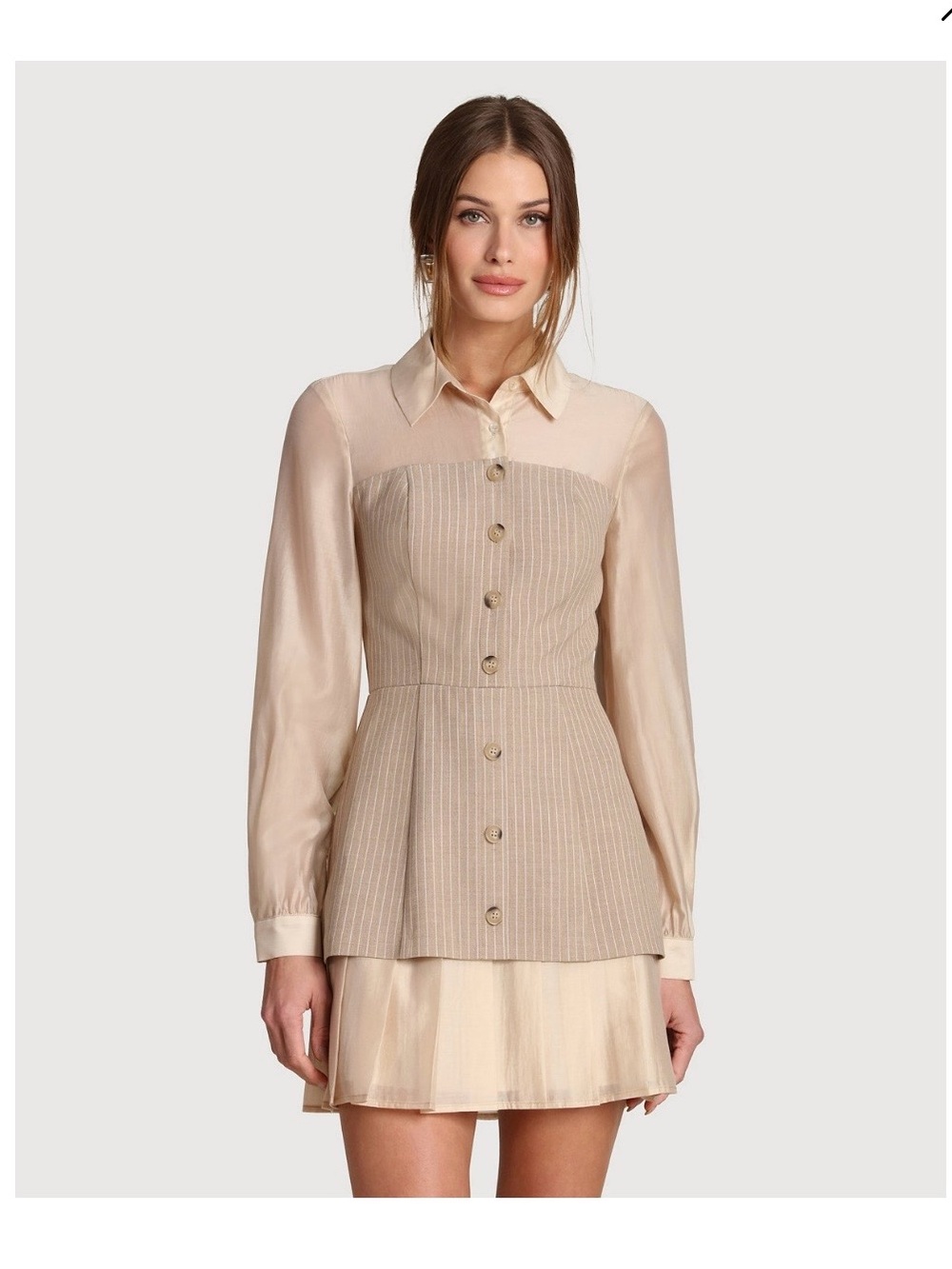 NWT AVEC LES FILLES Women's Pinstripe Organza Mixed Media Shirtdress - Picture 7 of 9